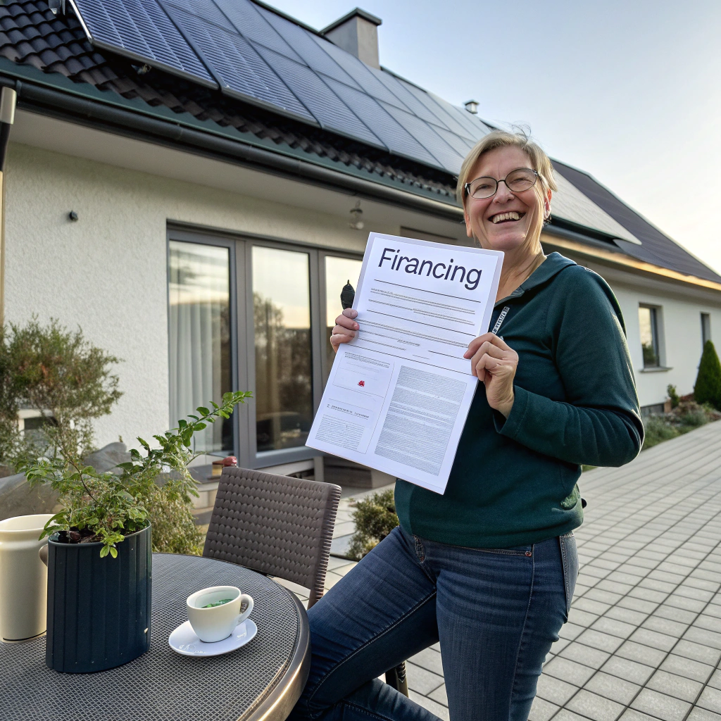 Happy California homeowner standing in front of a modern home with rooftop solar panels